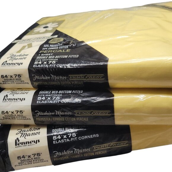 Vtg Penn-Prest Fashion Manor Percale Double Bed Fitted Sheet Butter Yellow - Picture 11 of 14